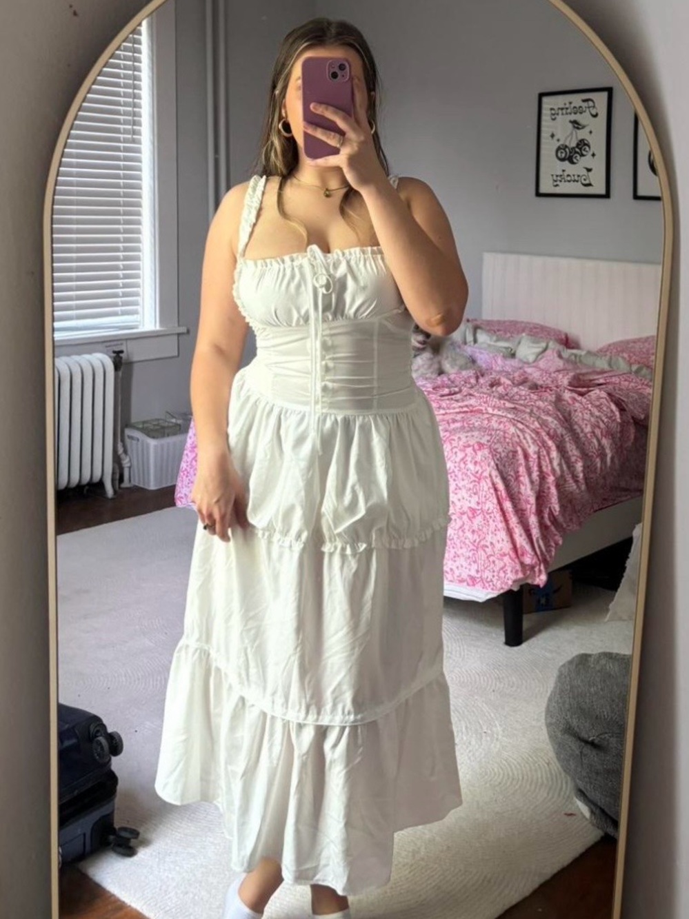 Fenity White Tiered Cotton Midi Dress with Corset Detail